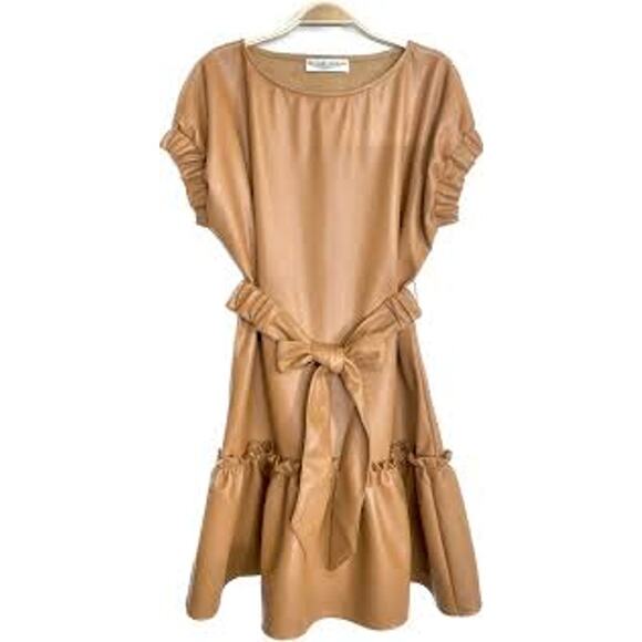 INCLAN STUDIO Millie Vegan Faux Leather Mini Dress Butterscotch Brown NEW Medium - Picture 4 of 7